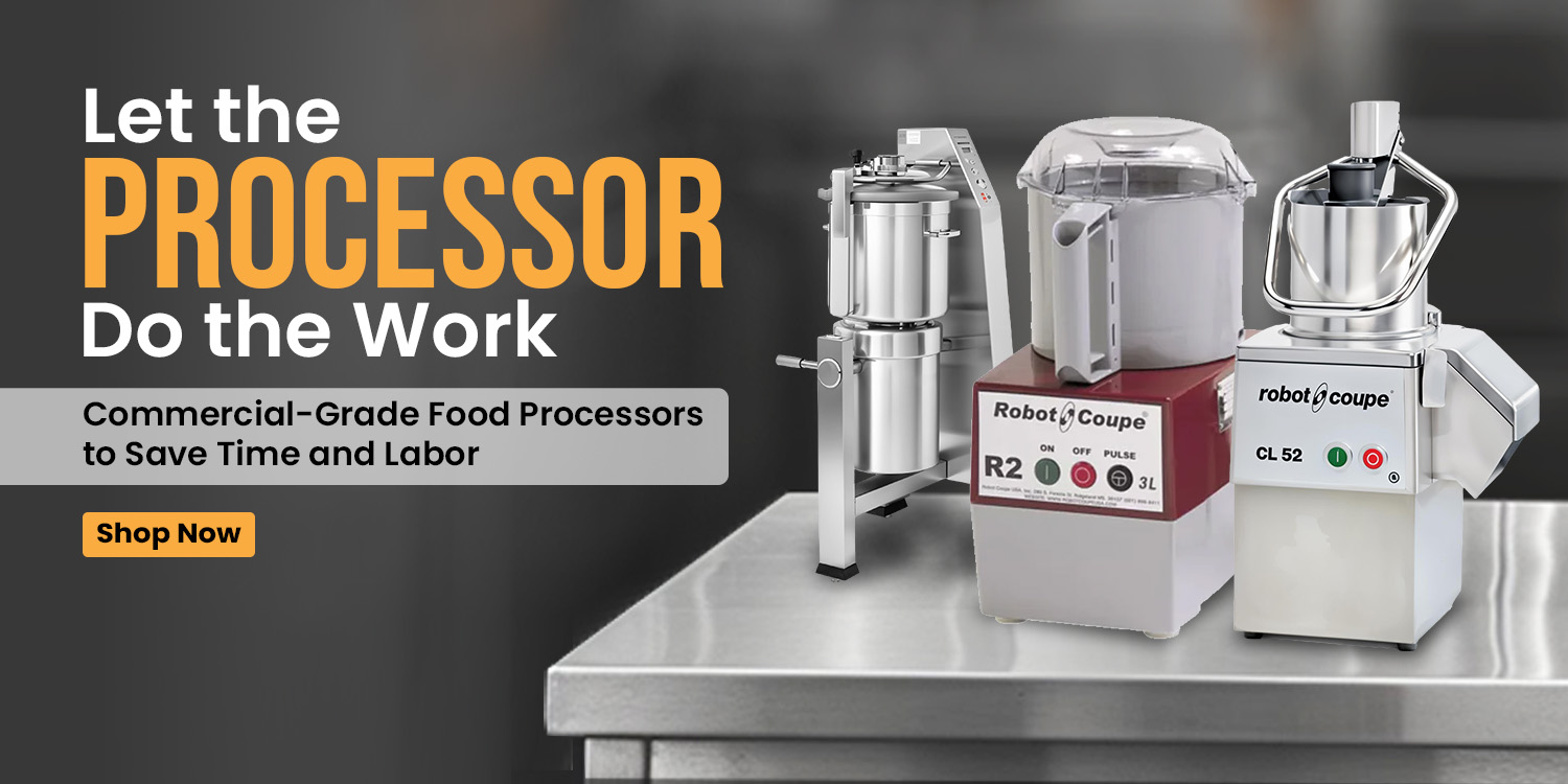 Three commercial-grade food processors on a stainless steel table with text promoting time-saving and labor-saving kitchen solutions.